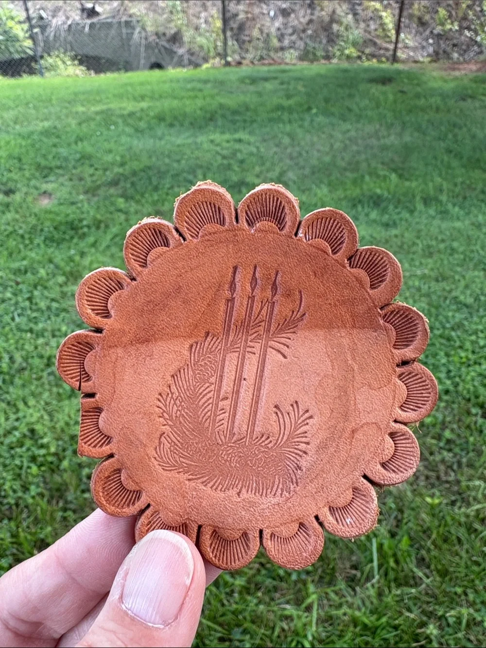 Hand-Tooled Brown Leather Basket coaster - Unbranded
